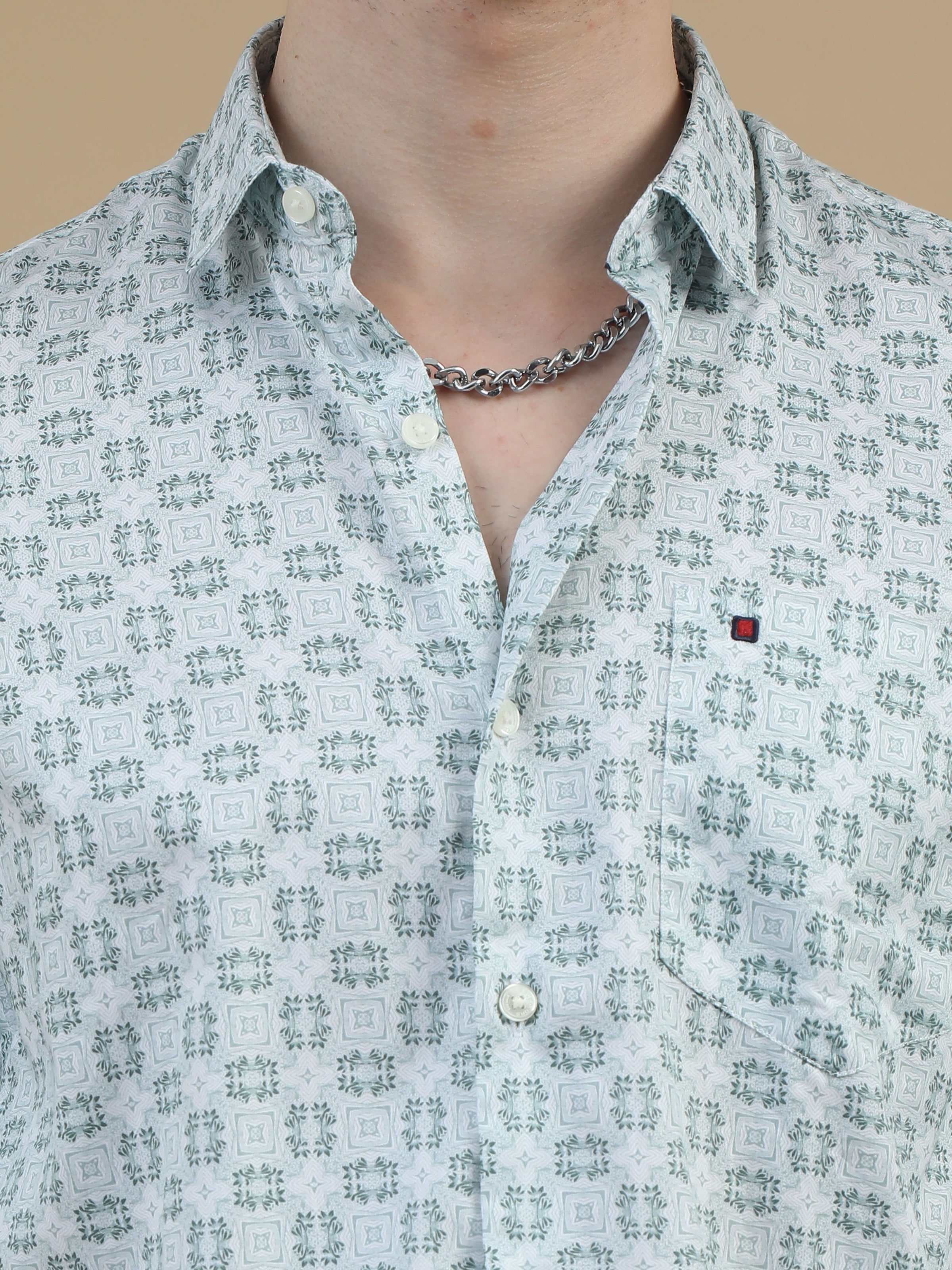 Men Light Green Slim Fit Printed Full Sleeve Casual Shirt