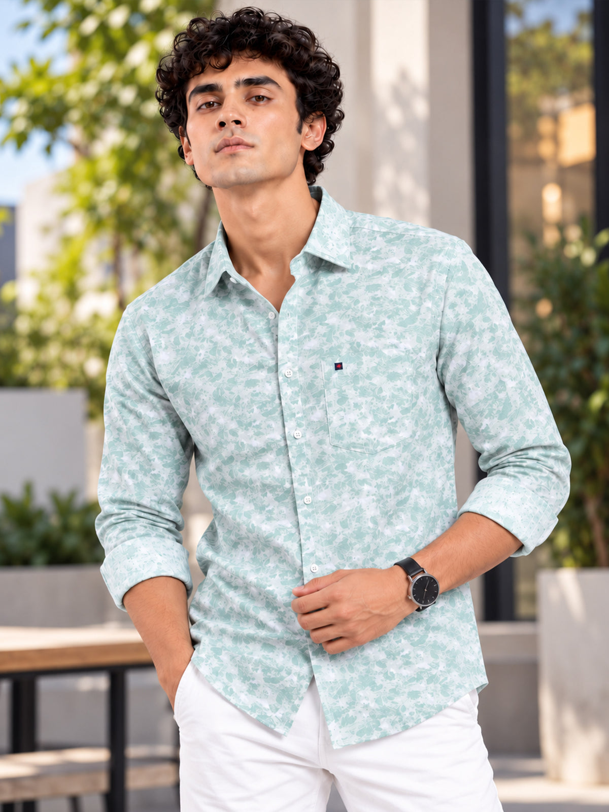 Men’s Sage Green Slim Fit Floral Printed Casual Shirt