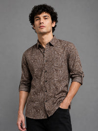 Men Beige Slim Fit Printed Full Sleeve Casual Shirt