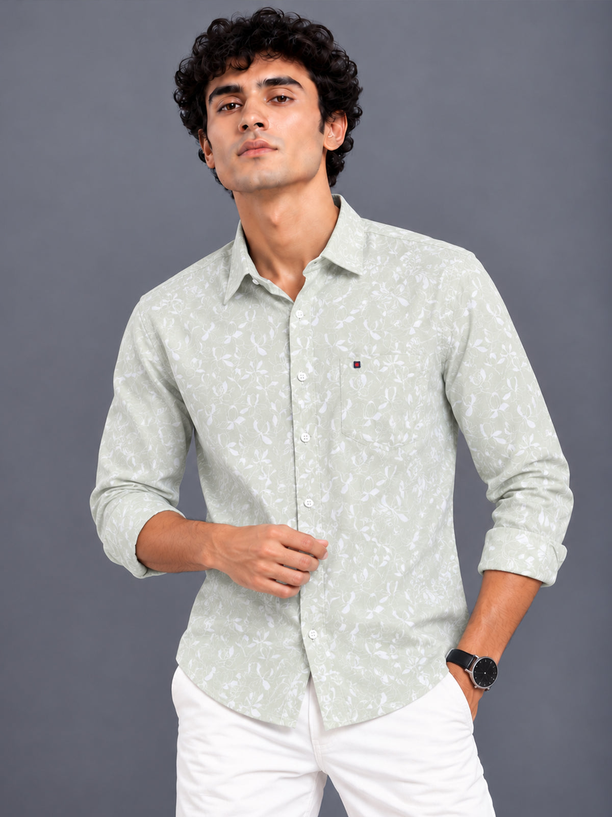 Men Green Floral Printed Slim Fit Casual Shirt