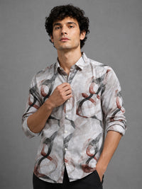 Men Light Brown Slim Fit Artistic Abstract Print Full Sleeve Casual Shirt
