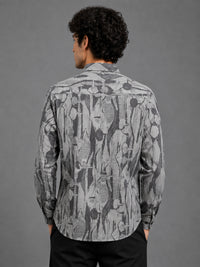 Men Grey Slim Fit Abstract Printed Full Sleeve Casual Shirt