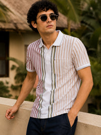 Men Red Slim Fit Striped Polo Collar Casual T-Shirt with Chest Pocket