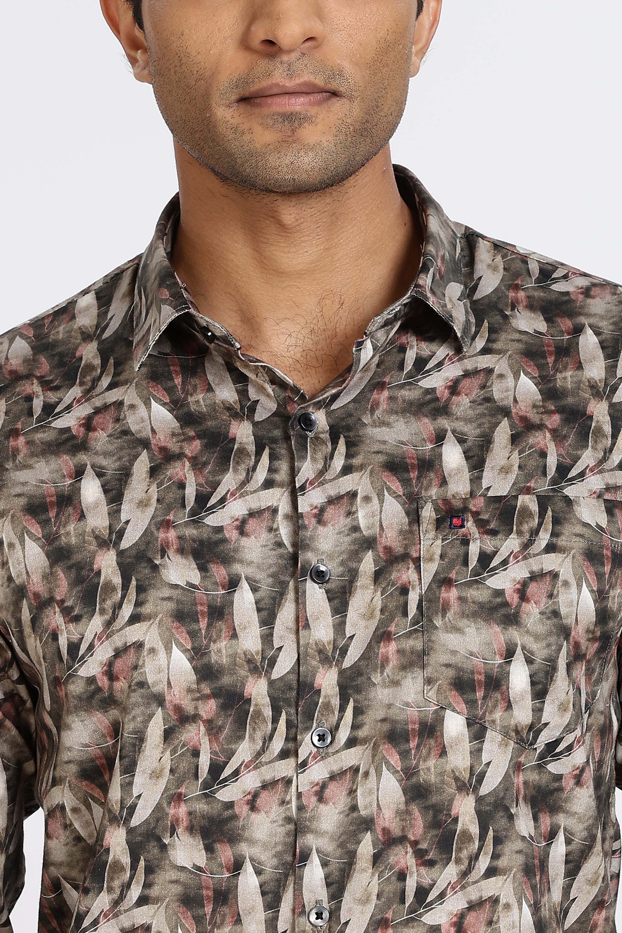 Men Brown Leaf Print Full Sleeve Slim Fit Casual Shirts