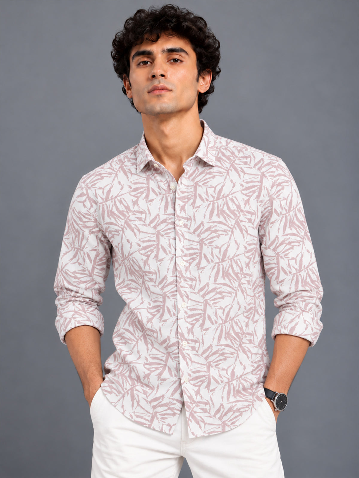 Men Beige Slim Fit Cotton Lycra Brushstroke Printed Casual Shirt