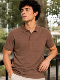 Men’s Brown Textured Knit Solid Casual Polo T‑Shirt.