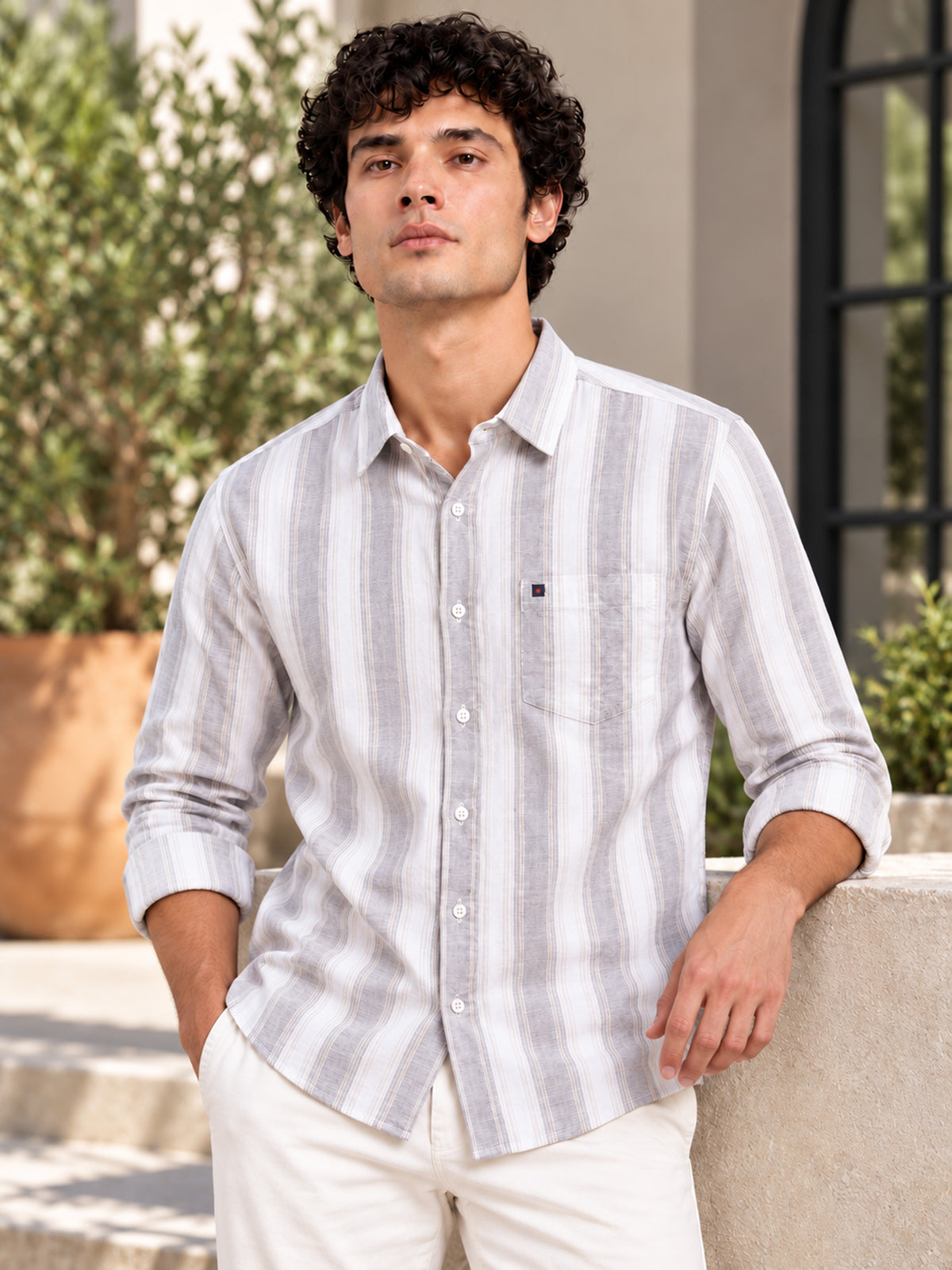 Men Lavender Slim Fit Striped Casual Shirt