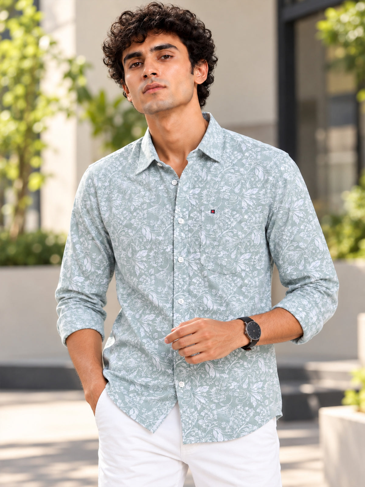 Men's Grey Slim Fit Floral Printed Casual Shirt