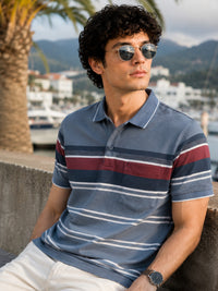 Men’s Blue Slim Fit Textured Striped Short Sleeves Casual Polo T-Shirt