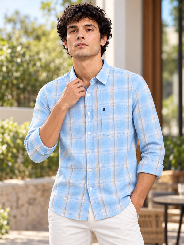 Men’s Blue Checkered Slim Fit Casual Shirt