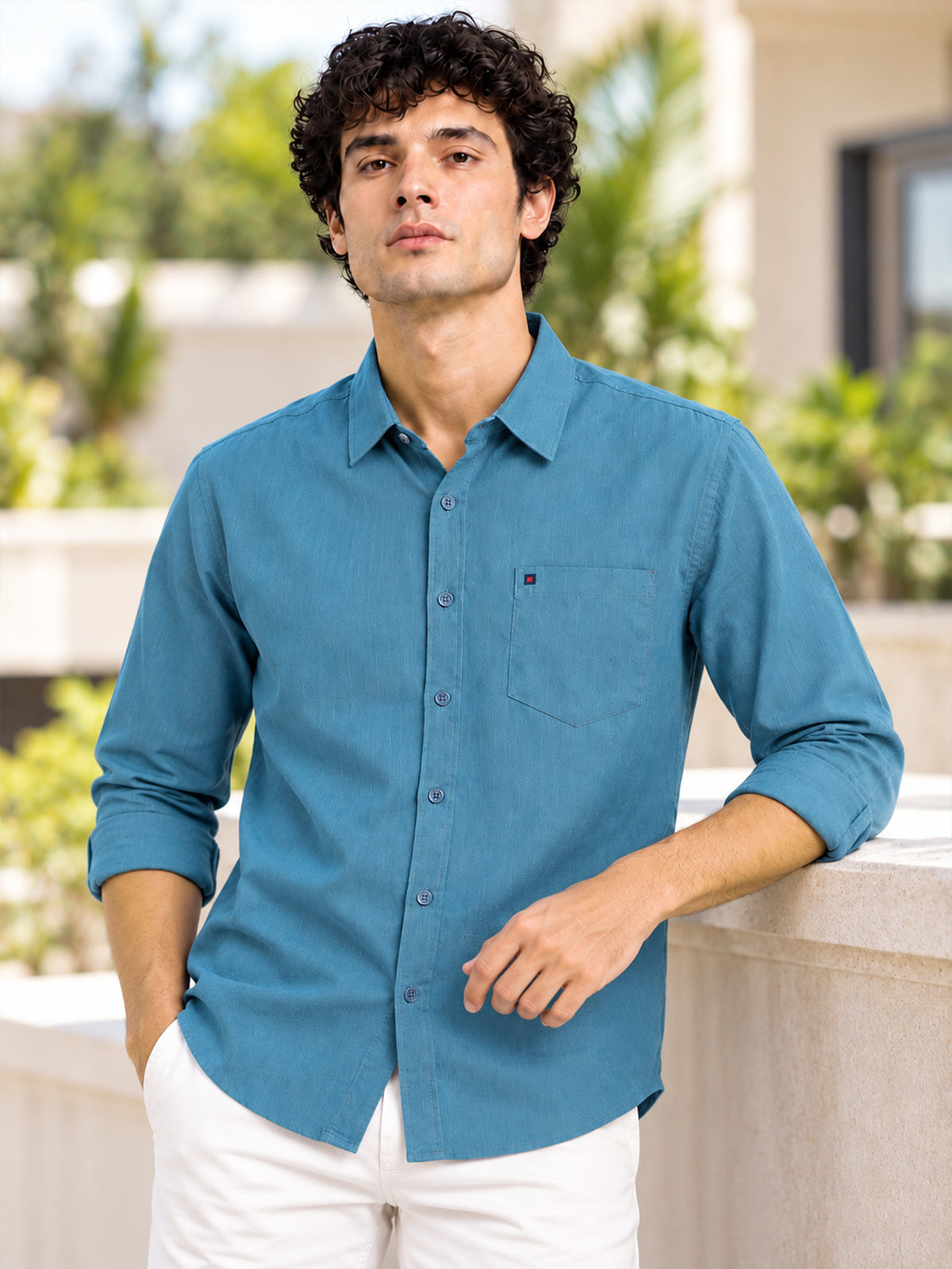 Men's Blue Linen Textured Slim Fit Solid Casual Shirt