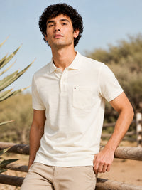 Men’s Off White Textured Knit Solid Casual Polo Tshirt