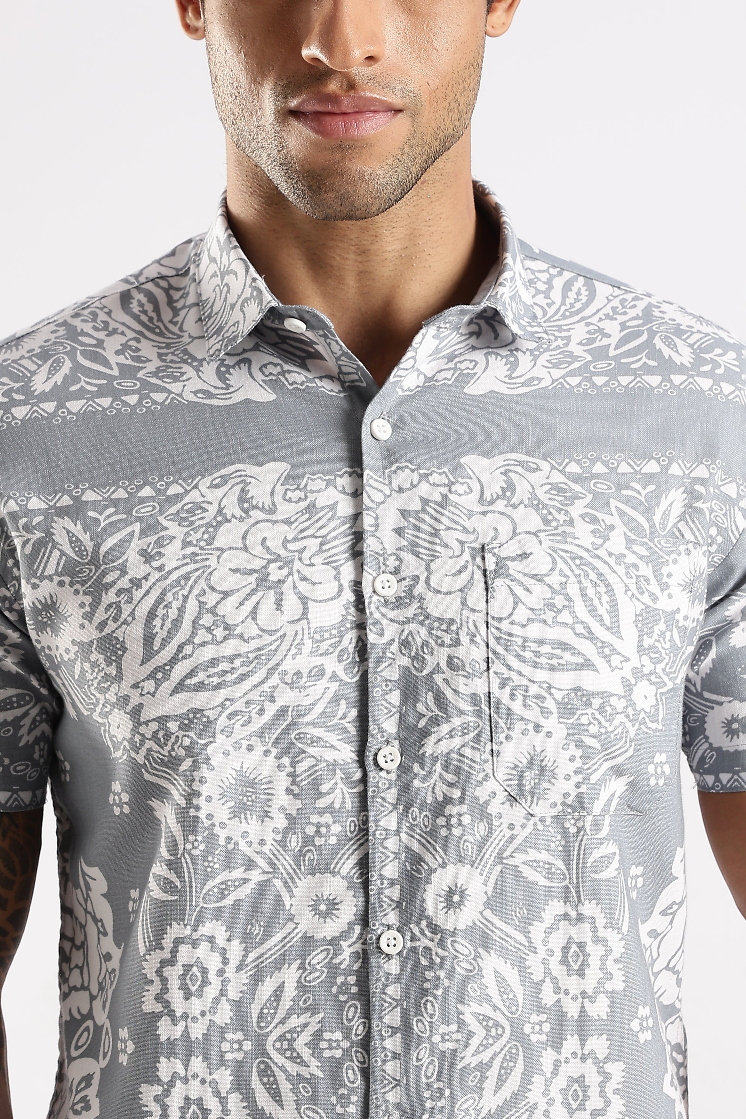 Grey Floral Printed Slim Fit Cotton Half Sleeve Casual Shirt