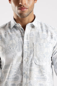White Abstract Floral Print Slim Fit Full Sleeve Shirt