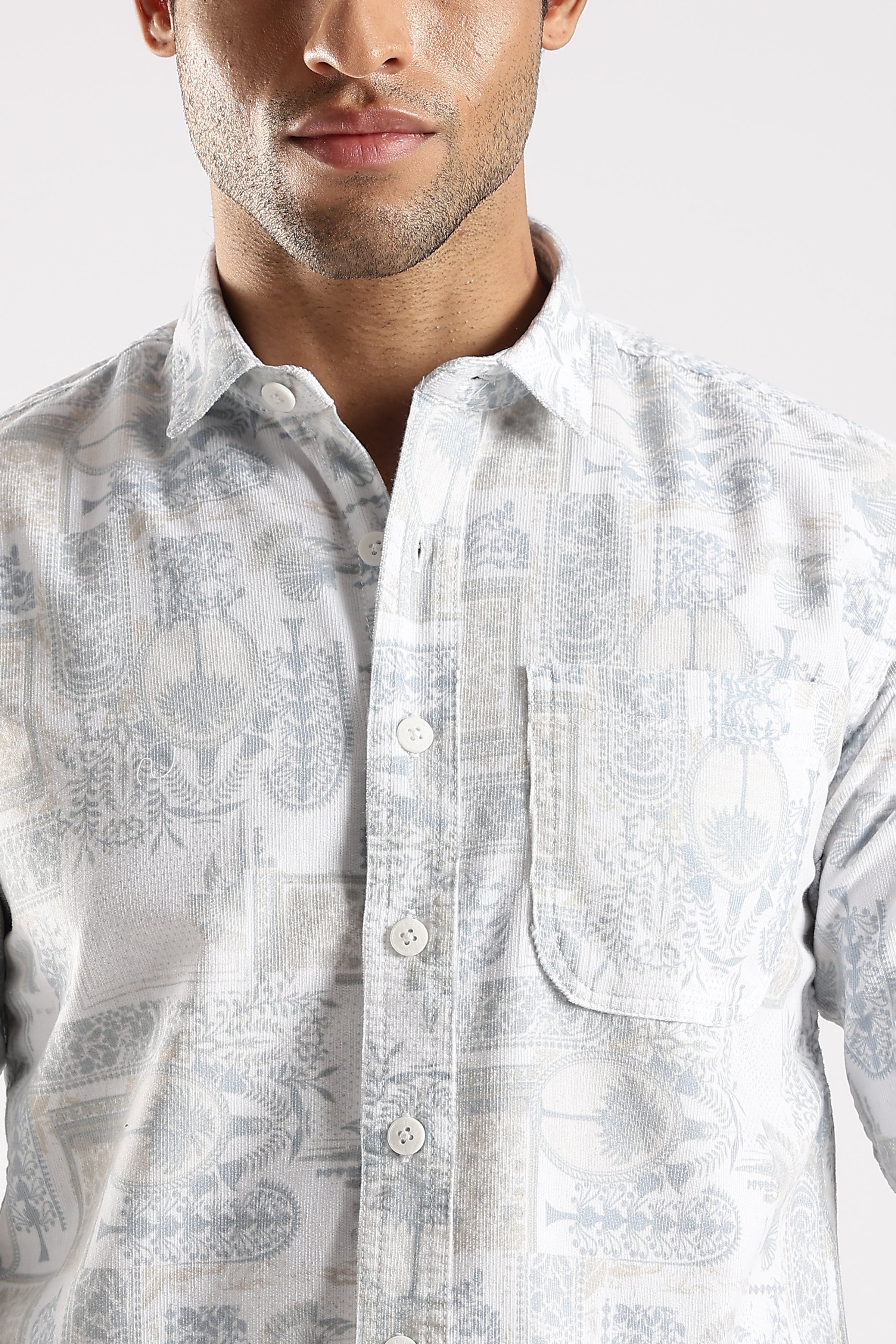 White Abstract Floral Print Slim Fit Full Sleeve Shirt