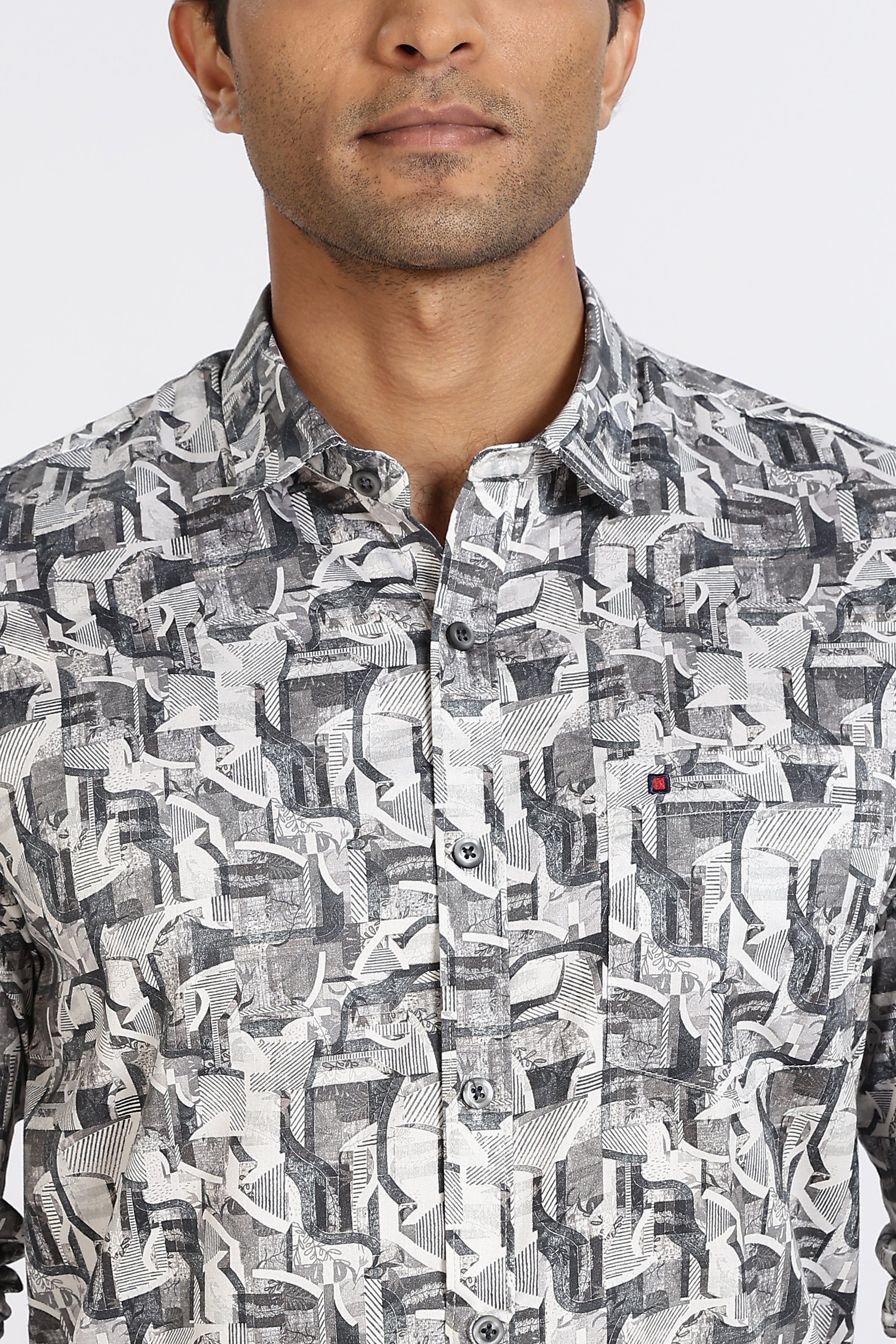 Men Grey Printed Full Sleeve Slim Fit Casual Shirt