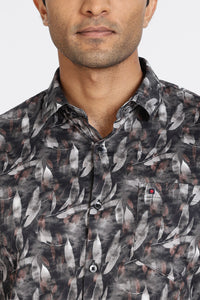 Men Blue Leaf Print Full Sleeve Slim Fit Casual Shirts