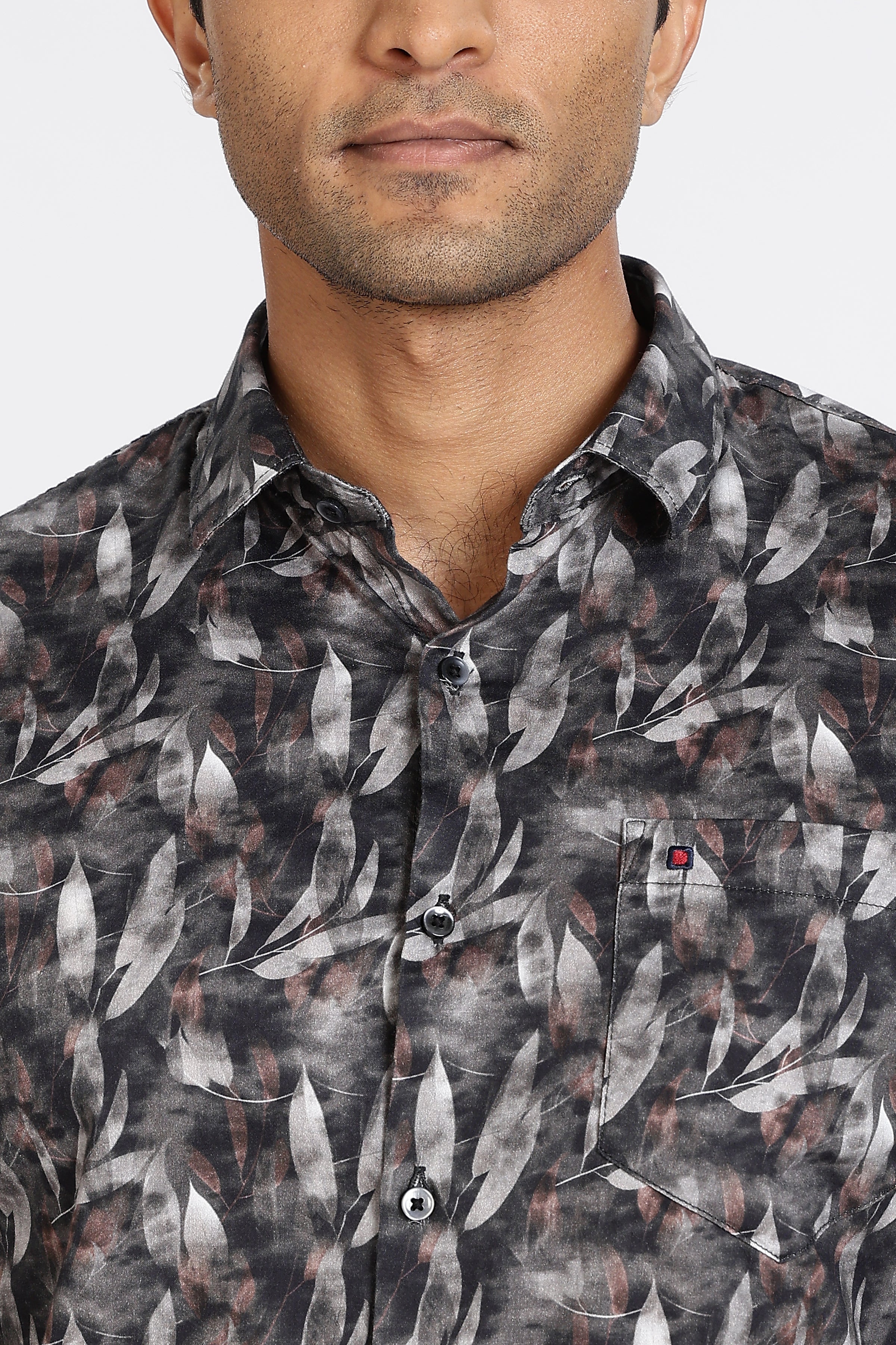 Men Blue Leaf Print Full Sleeve Slim Fit Casual Shirts