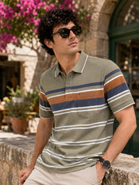 Men’s Olive Slim Fit Textured Striped Short Sleeves Casual Polo T-Shirt