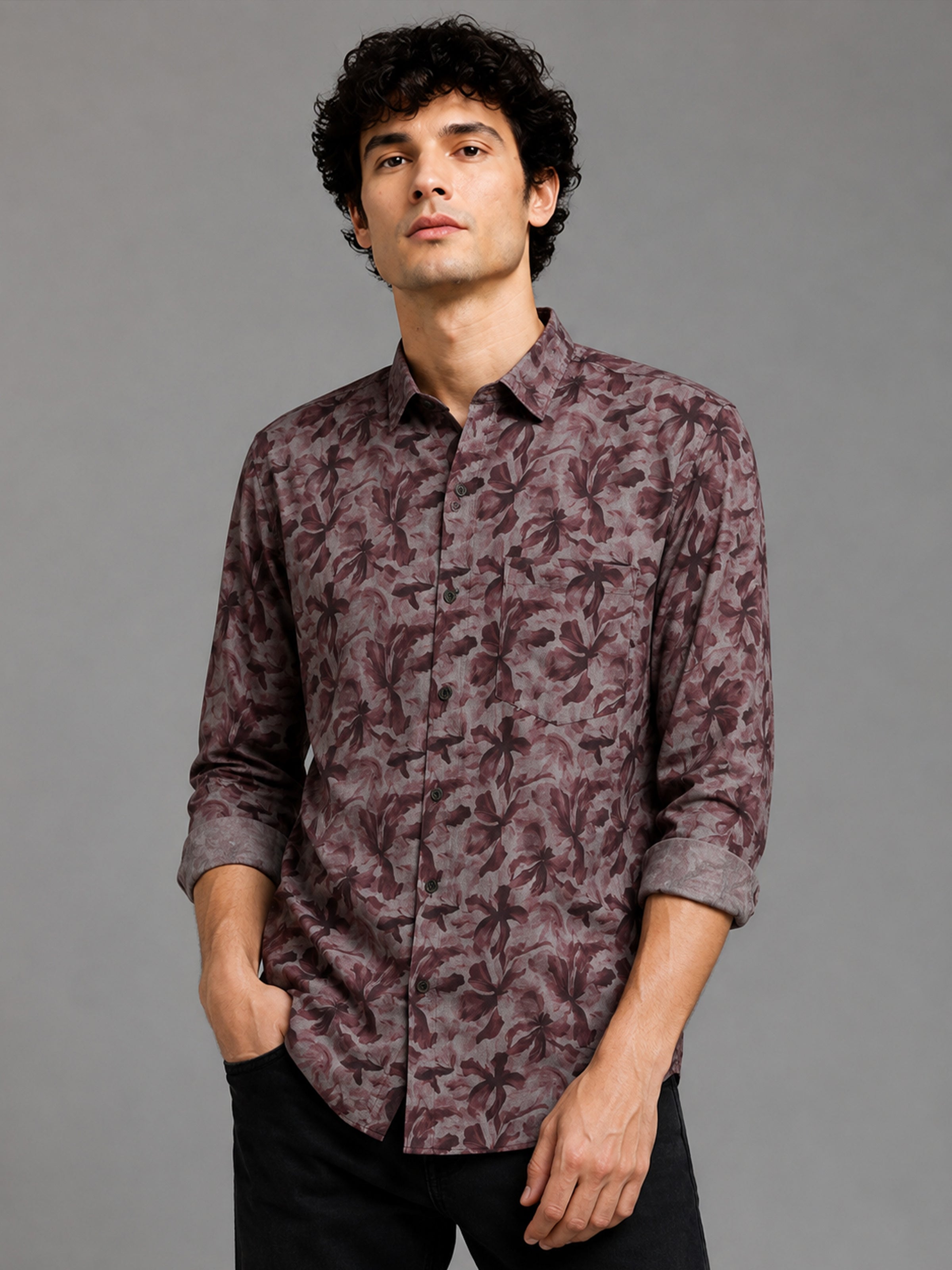 Men Pink Slim Fit Floral Printed Full Sleeve Casual Shirt