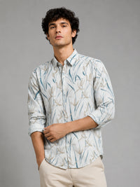 Men Cream Slim Fit Floral Print Full Sleeve Casual Shirt