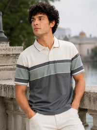 Men Green Slim Fit Color-Block Striped Jacquard Short Sleeves Polo Collar Smart-Casual T-Shirt with Chest Pocket