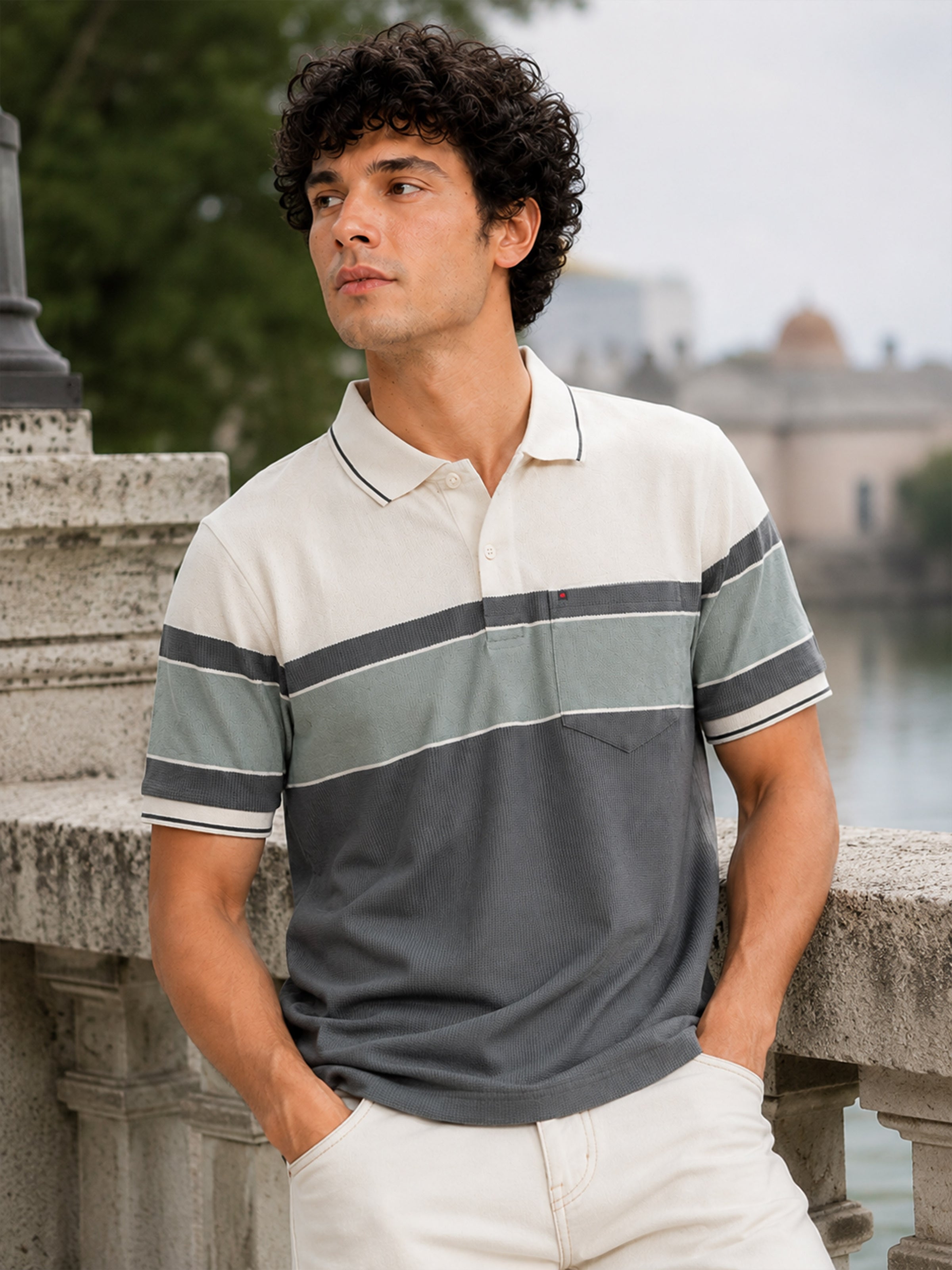 Men Green Slim Fit Color-Block Striped Jacquard Short Sleeves Polo Collar Smart-Casual T-Shirt with Chest Pocket