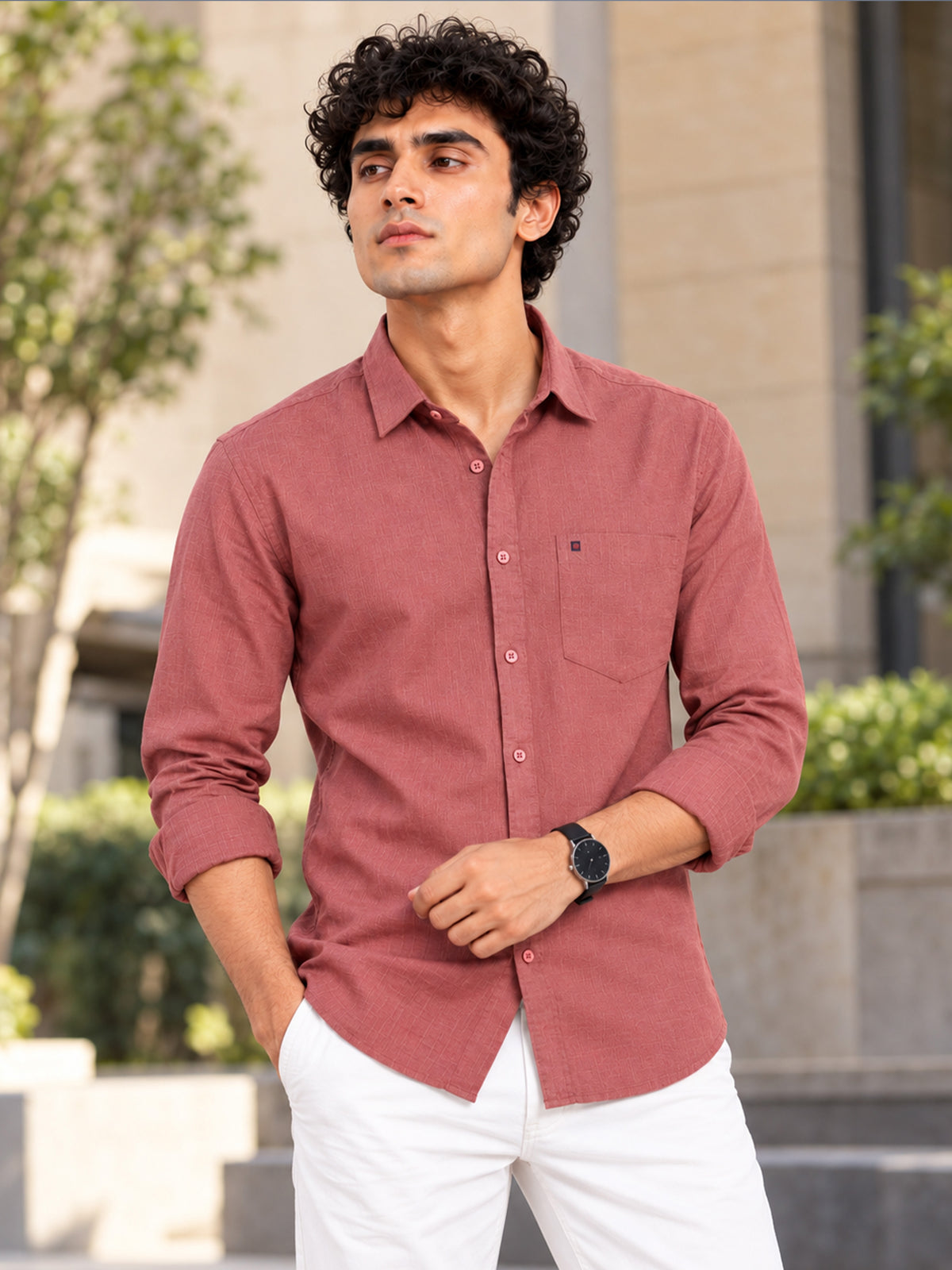 Men's Dusty Rose Linen Textured Slim Fit Solid Casual Shirt