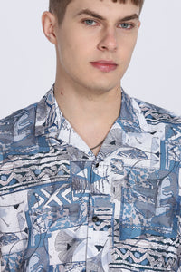 Blue Abstract Floral Print Slim Fit Half Sleeve Cuban Collar Shirt