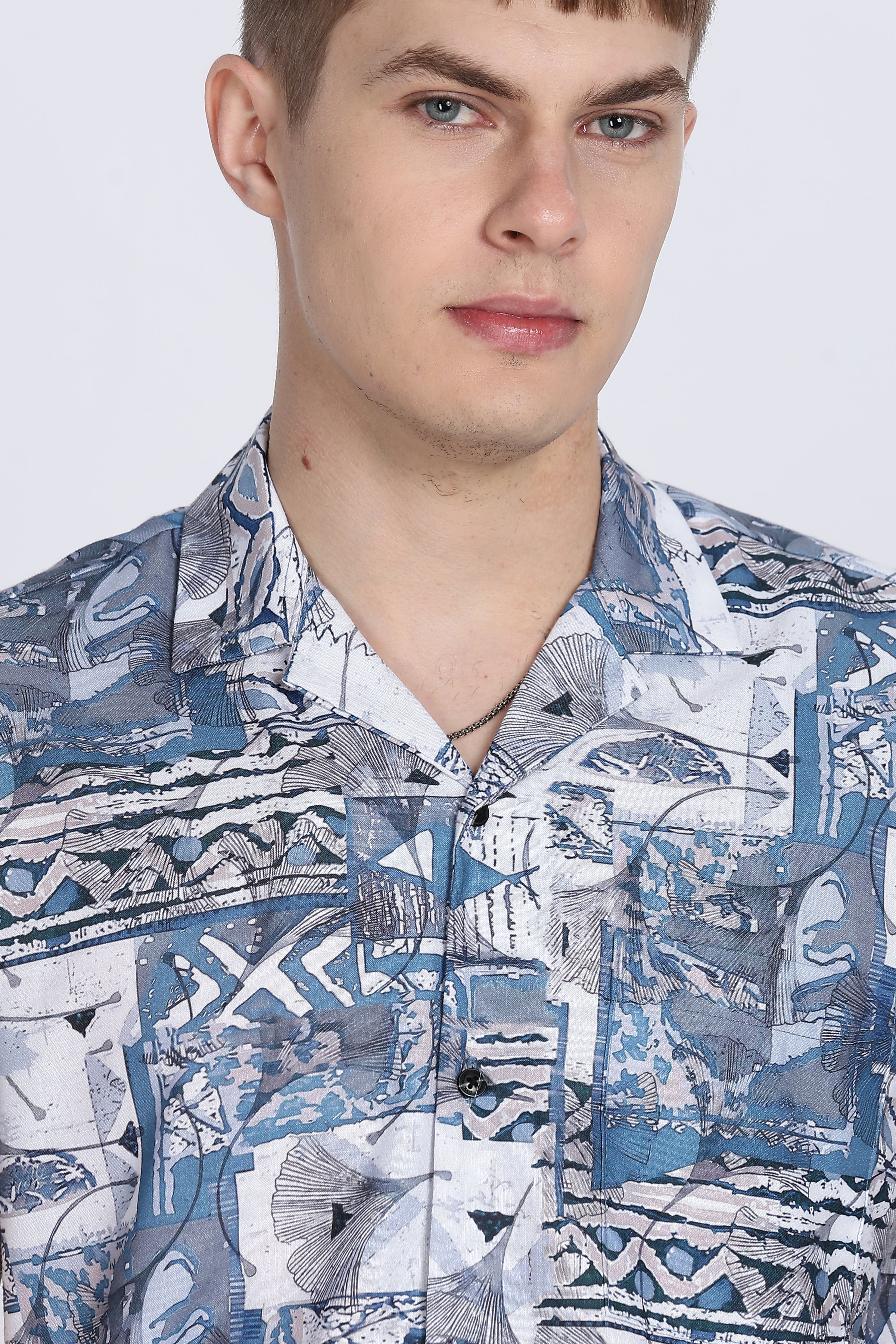 Blue Abstract Floral Print Slim Fit Half Sleeve Cuban Collar Shirt