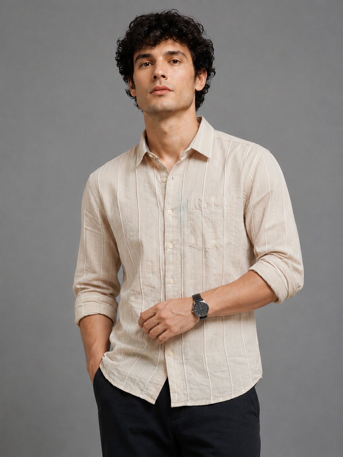 Men Beige Slim Fit Textured Striped Full Sleeve Casual Shirt