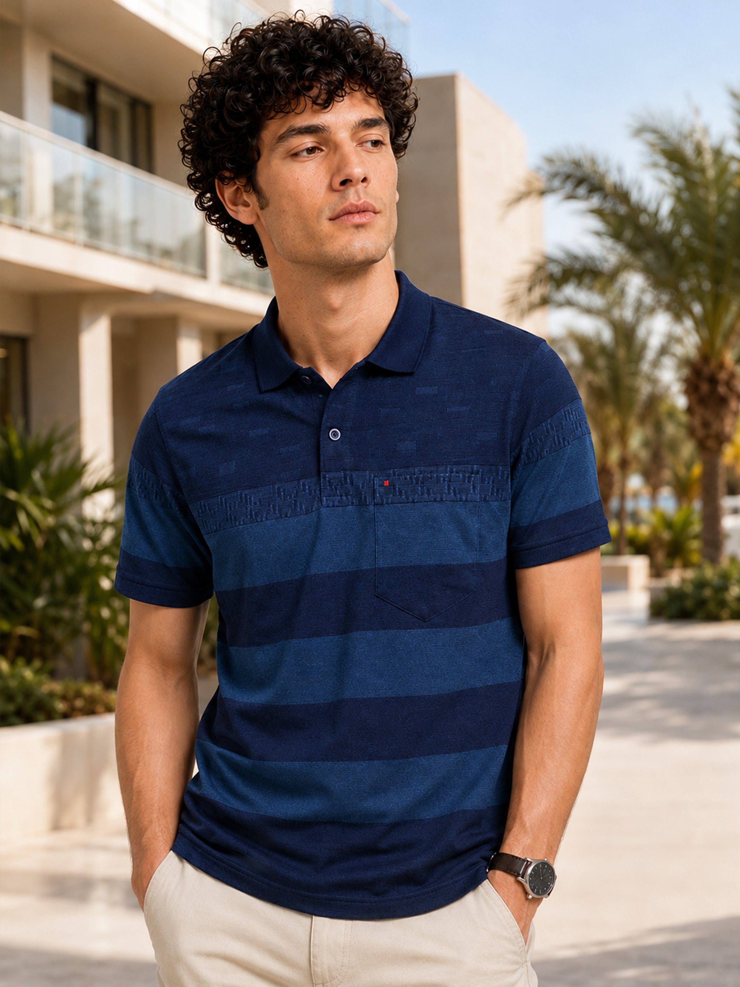 Men Indigo Slim Fit Striped Jacquard Polo Collar Casual T-Shirt with Chest Pocket