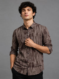 Men Brown Slim Fit Abstract Printed Full Sleeve Casual Shirt