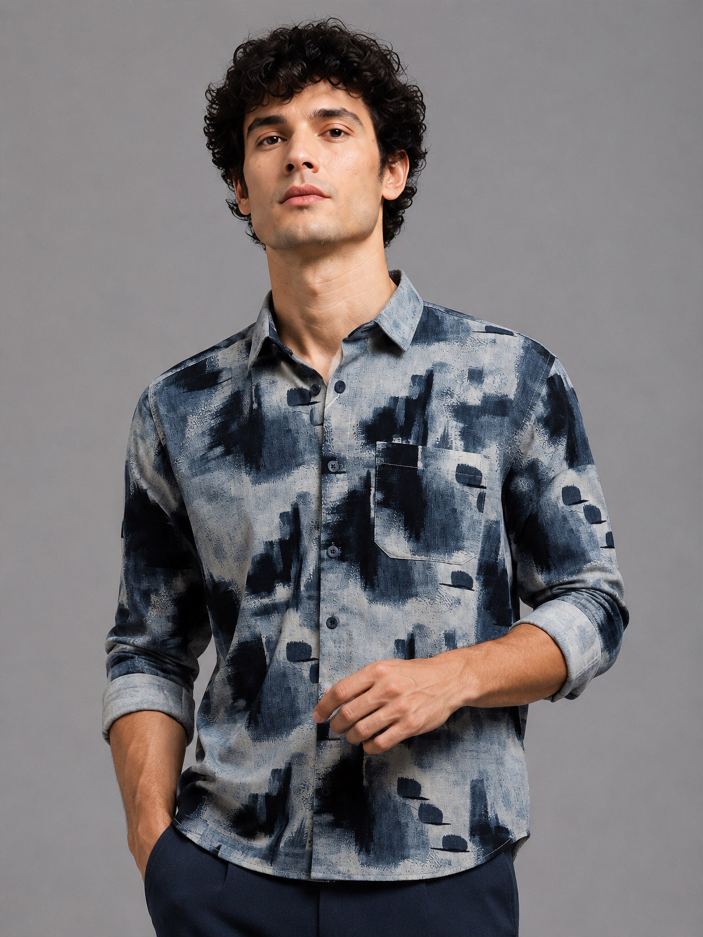 Men Navy Slim Fit Corduroy Printed Full Sleeve Casual Shirt