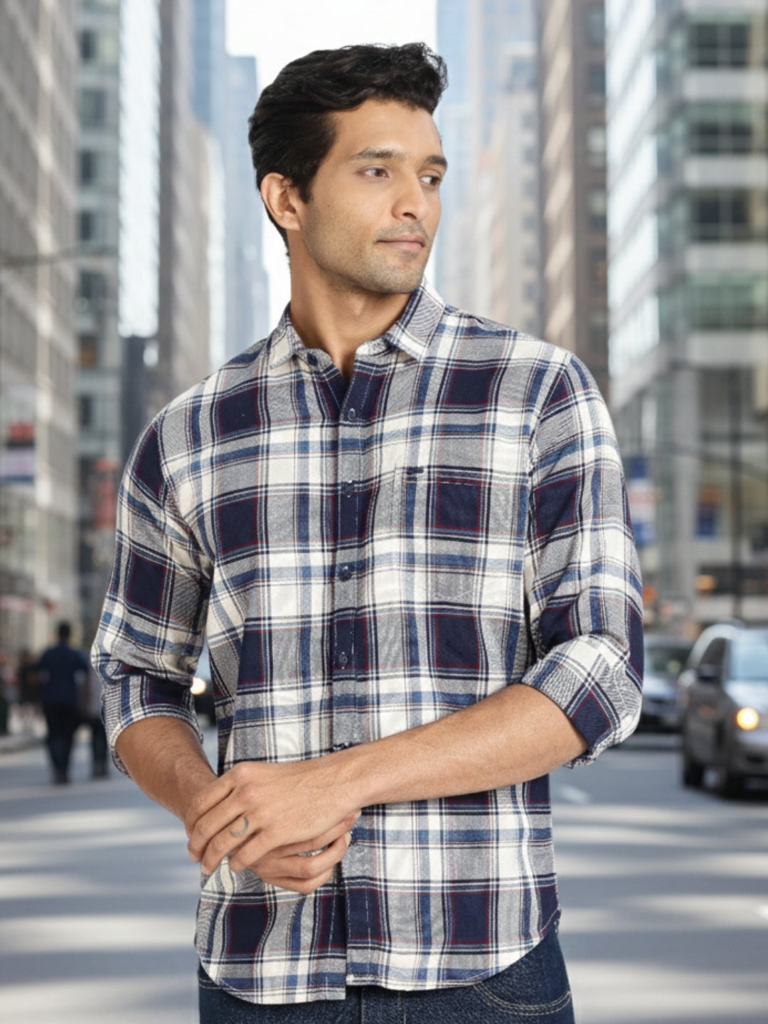 Men White Textured Check Full Sleeve Slim Fit Casual Shirts