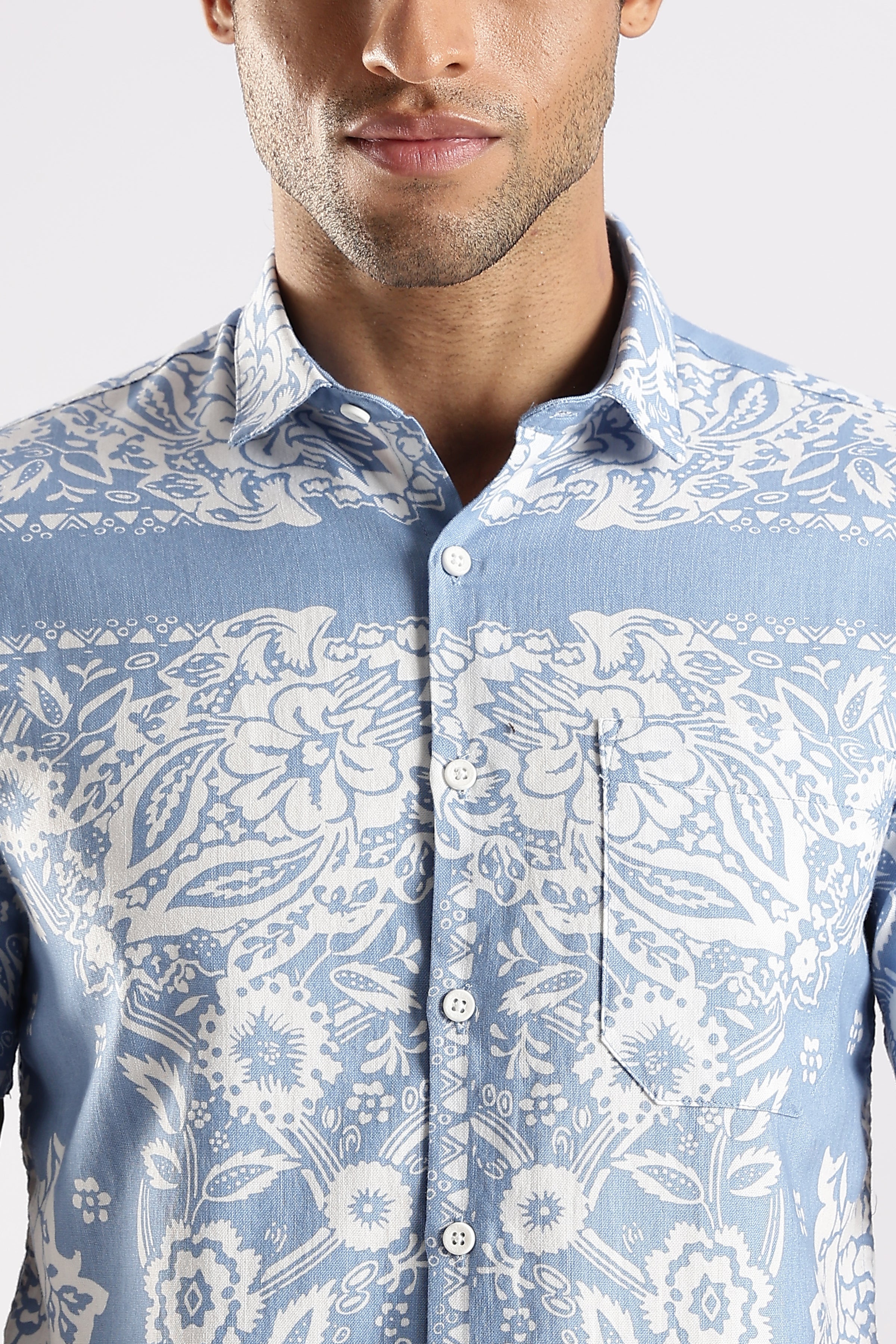 Blue Floral Printed Slim Fit Cotton Half Sleeve Casual Shirt