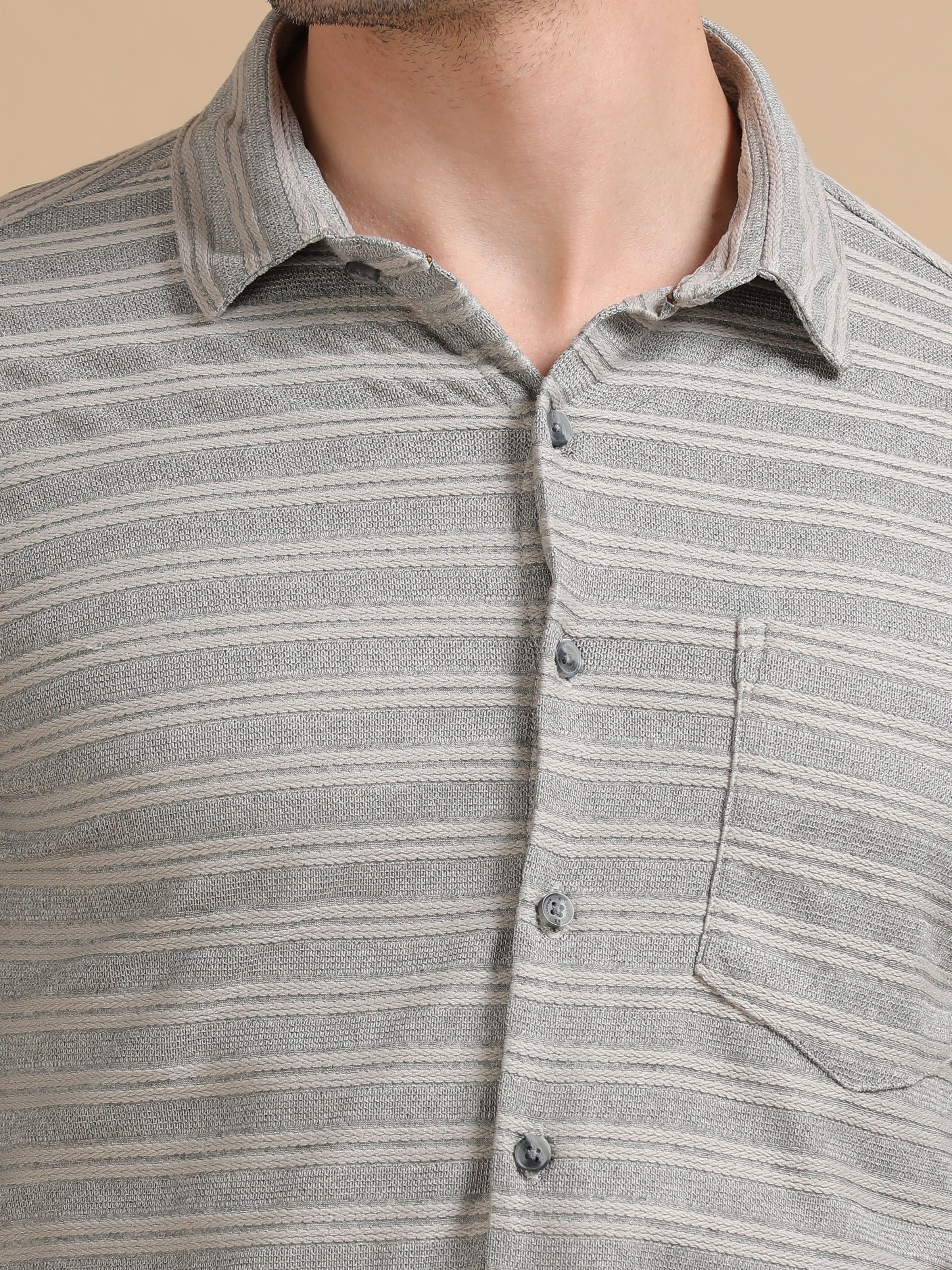 Men Grey Full Sleeve Cotton Knitted Casual Shirt