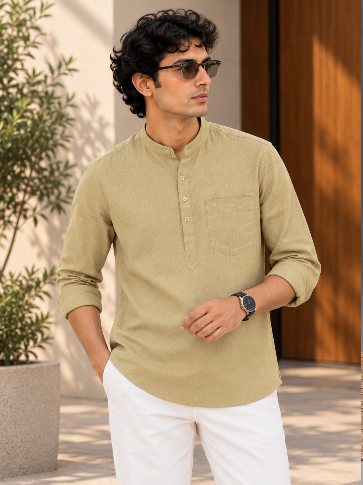 Men Yellow Slim Fit Solid Linen Texture Casual Kurta Shirt