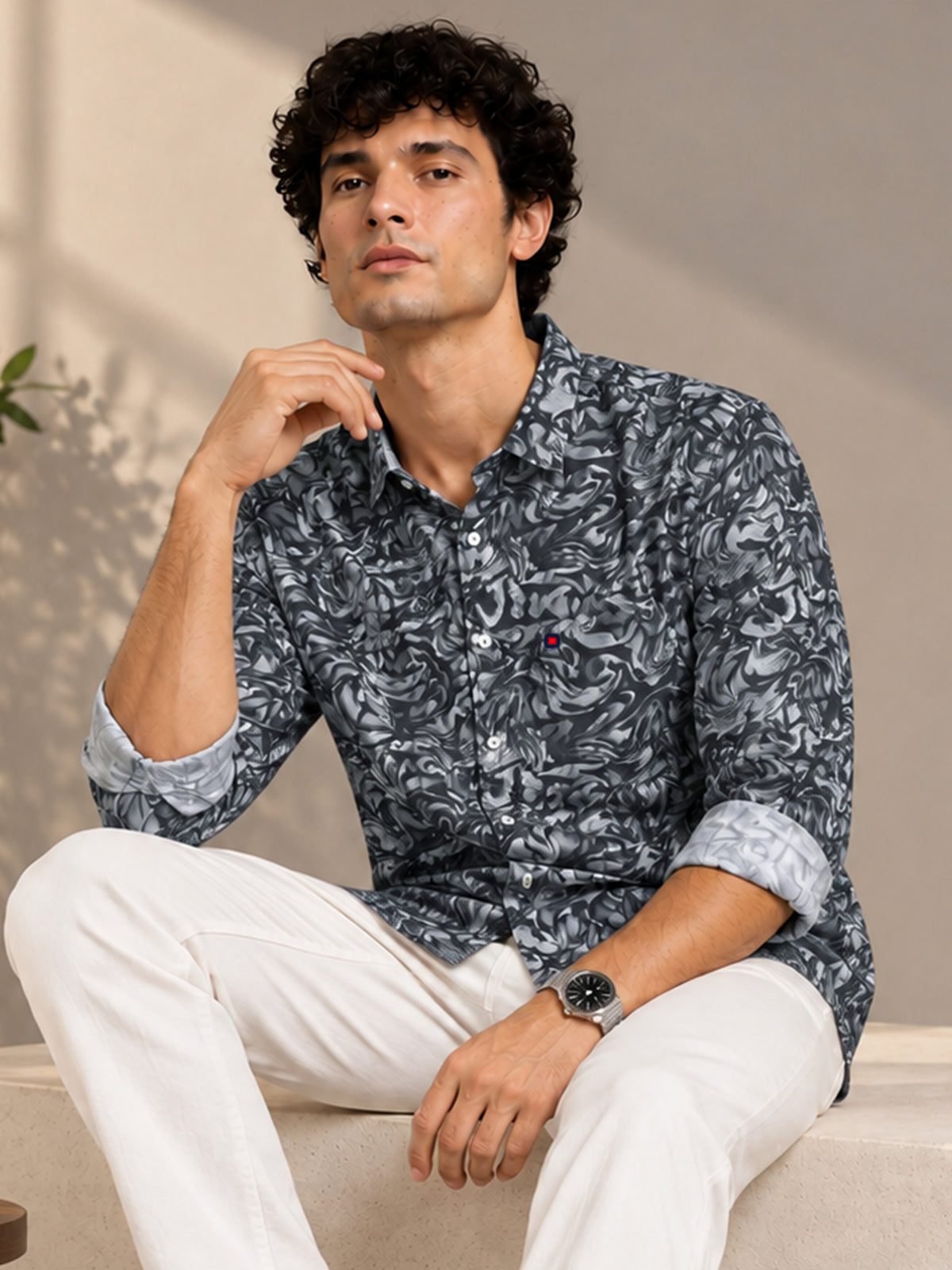 Men Olive Slim Fit Artistic Printed Casual Shirt