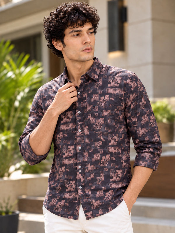 Men Dark Brown Slim Fit Elegant printed Casual Shirt