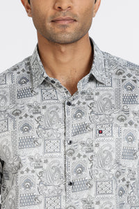 Men Grey Floral Print Full Sleeve Slim Fit Casual Shirts