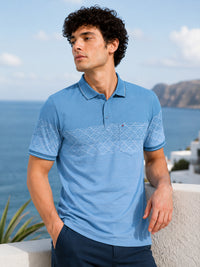 Men Blue Slim Fit Geometric Striped Polo Collar Casual T-Shirt with Chest Pocket