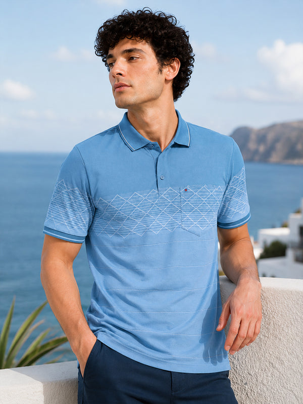 Men Blue Slim Fit Geometric Striped Polo Collar Casual T-Shirt
