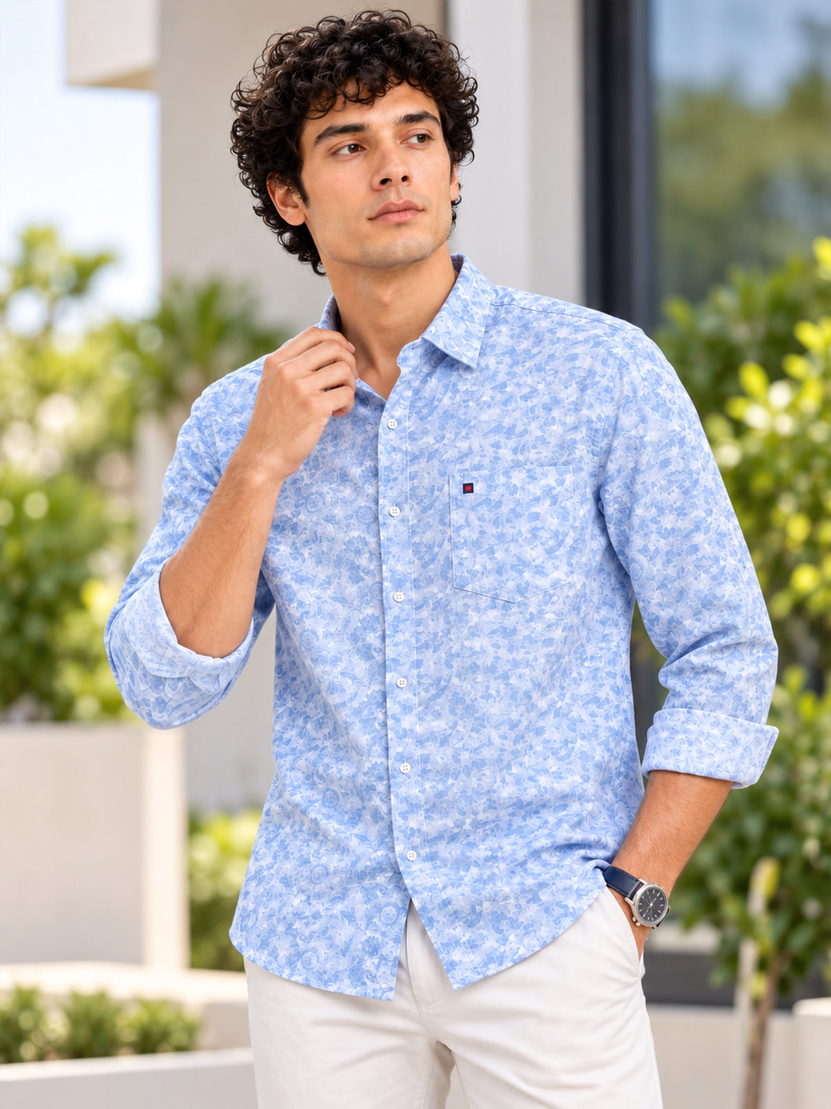 Men’s Sky Blue Slim Fit Floral Printed Casual Shirt