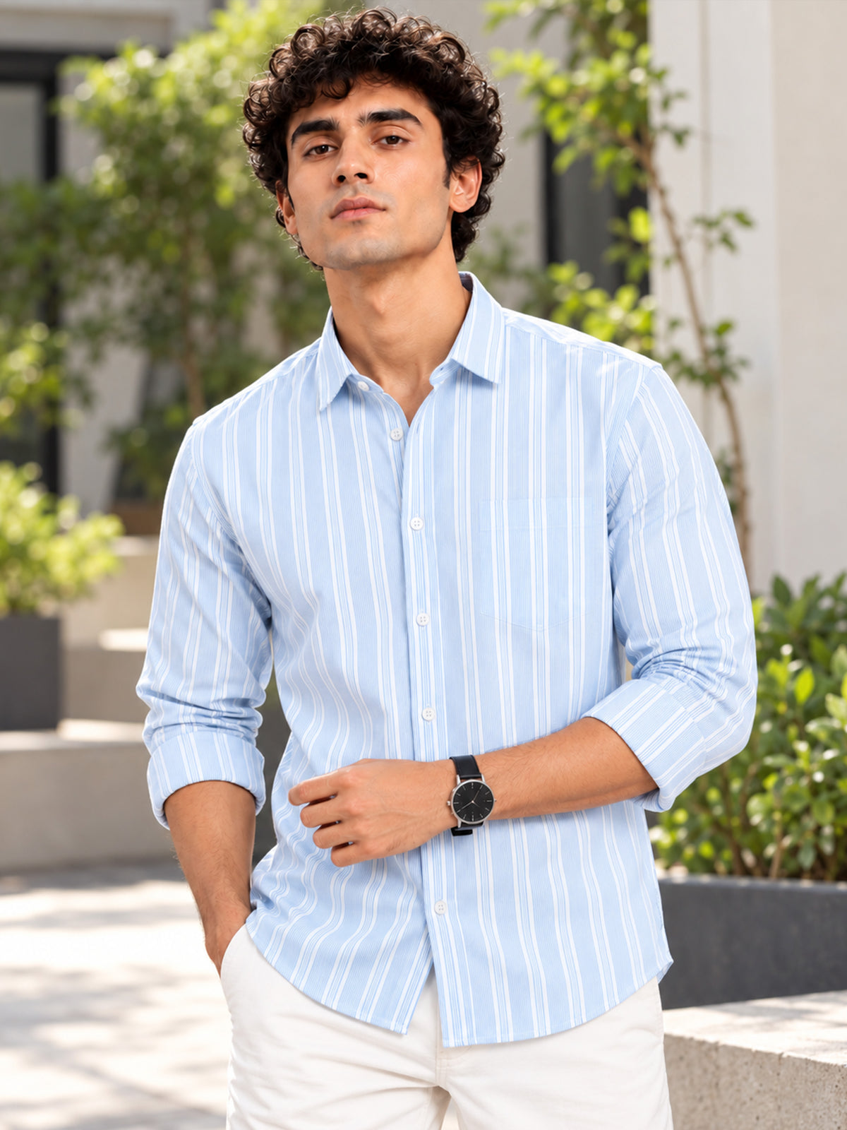 Men Blue Striped Cotton Lycra Slim Fit Casual Shirt