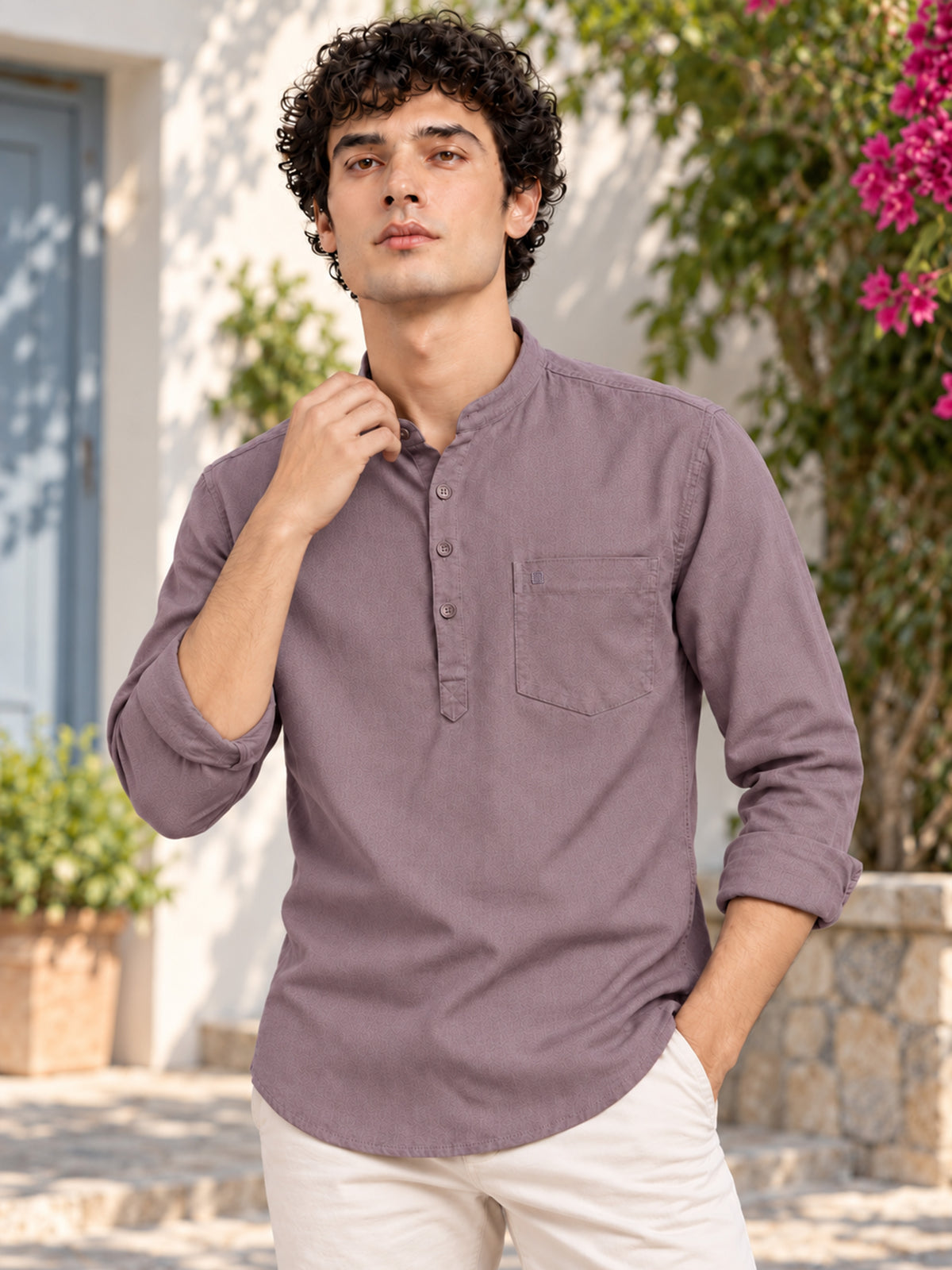 Men Dusty Pink Slim Fit Solid Linen Texture Casual Kurta Shirt