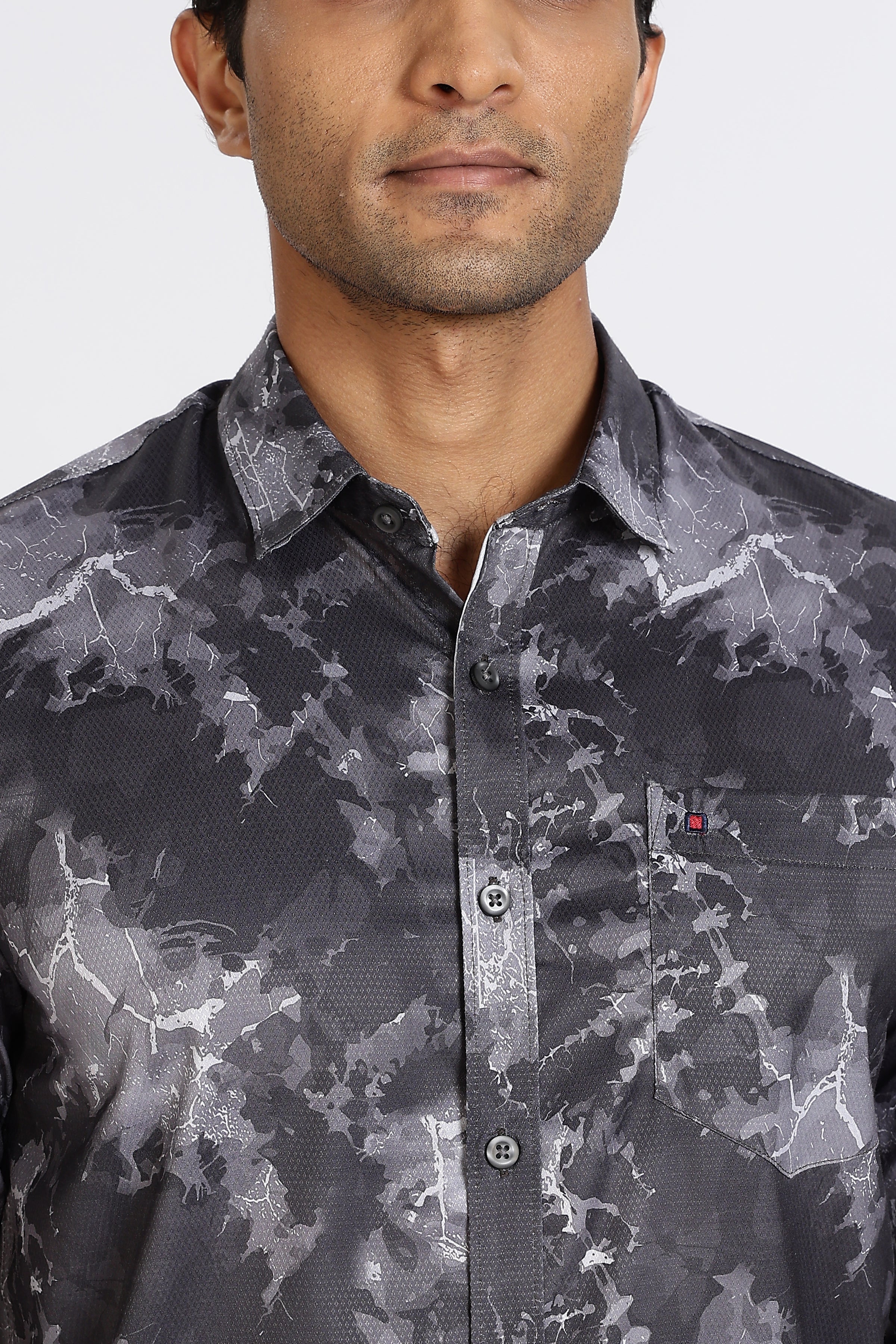 Men Dark Grey Printed Full Sleeve Slim Fit Casual Shirts
