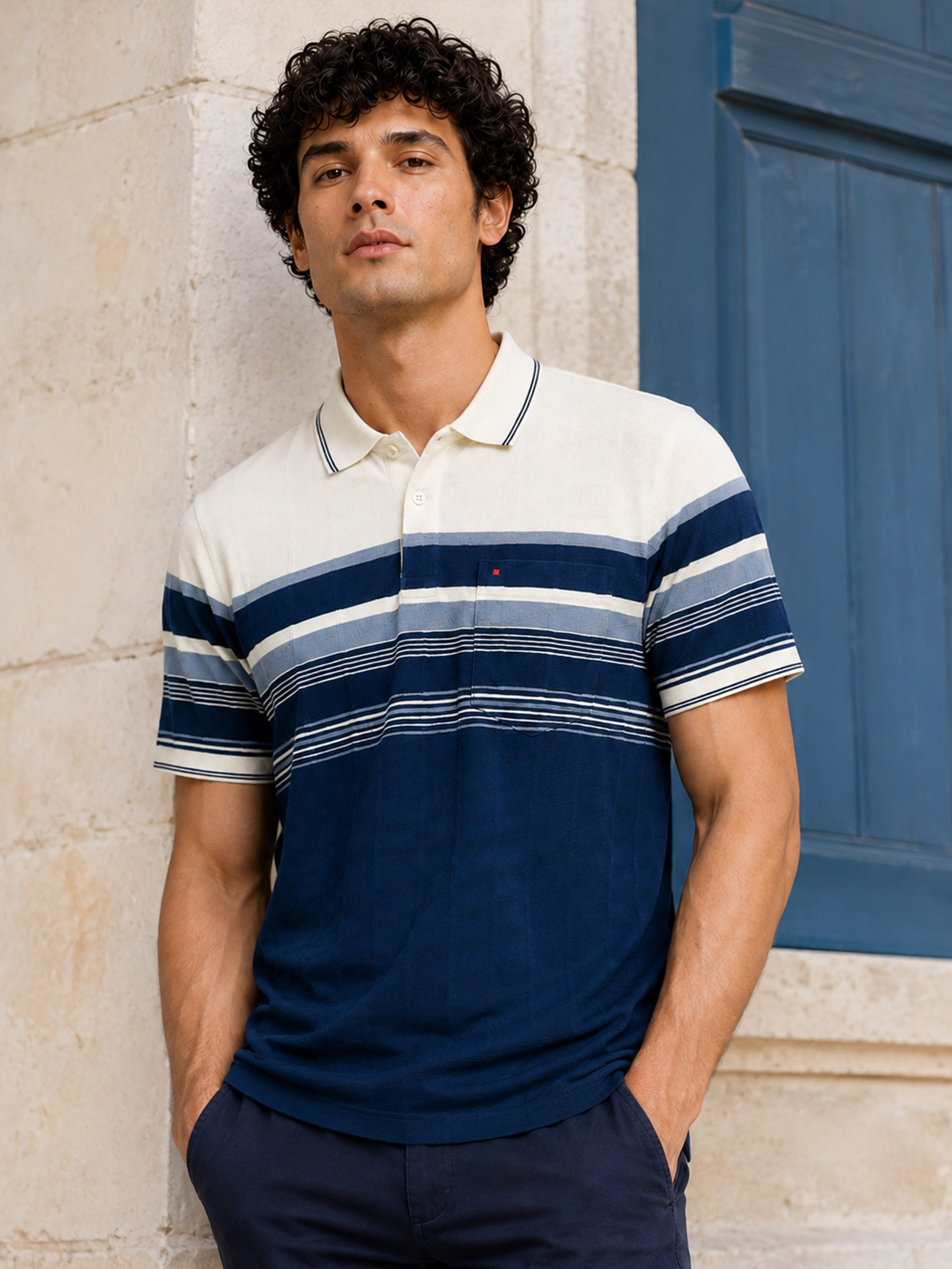 Men Blue Slim Fit Striped Polo Collar Casual T-Shirt with Chest Pocket