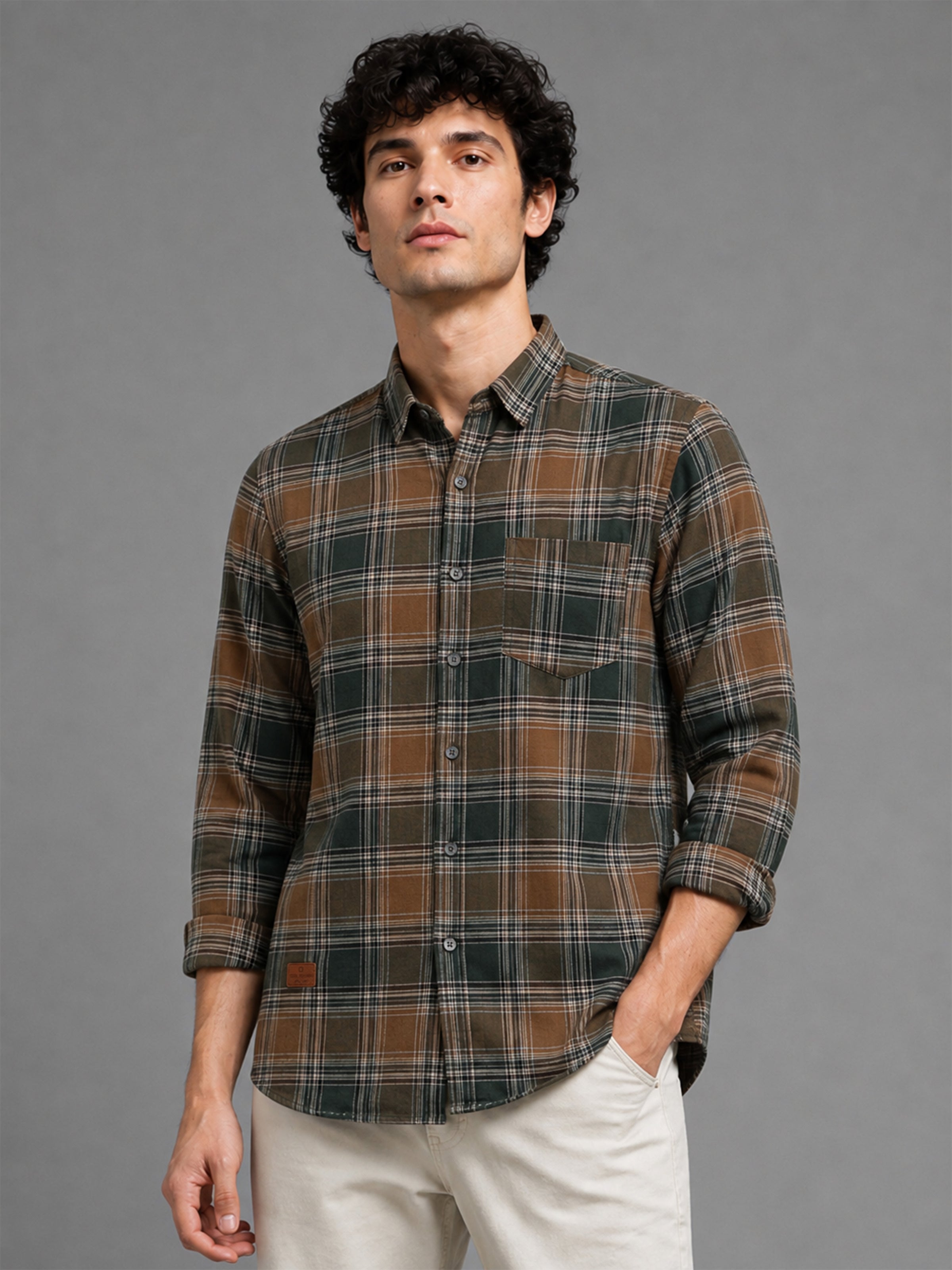 Men Green Slim Fit Plaid Check Full Sleeve Casual Shirt
