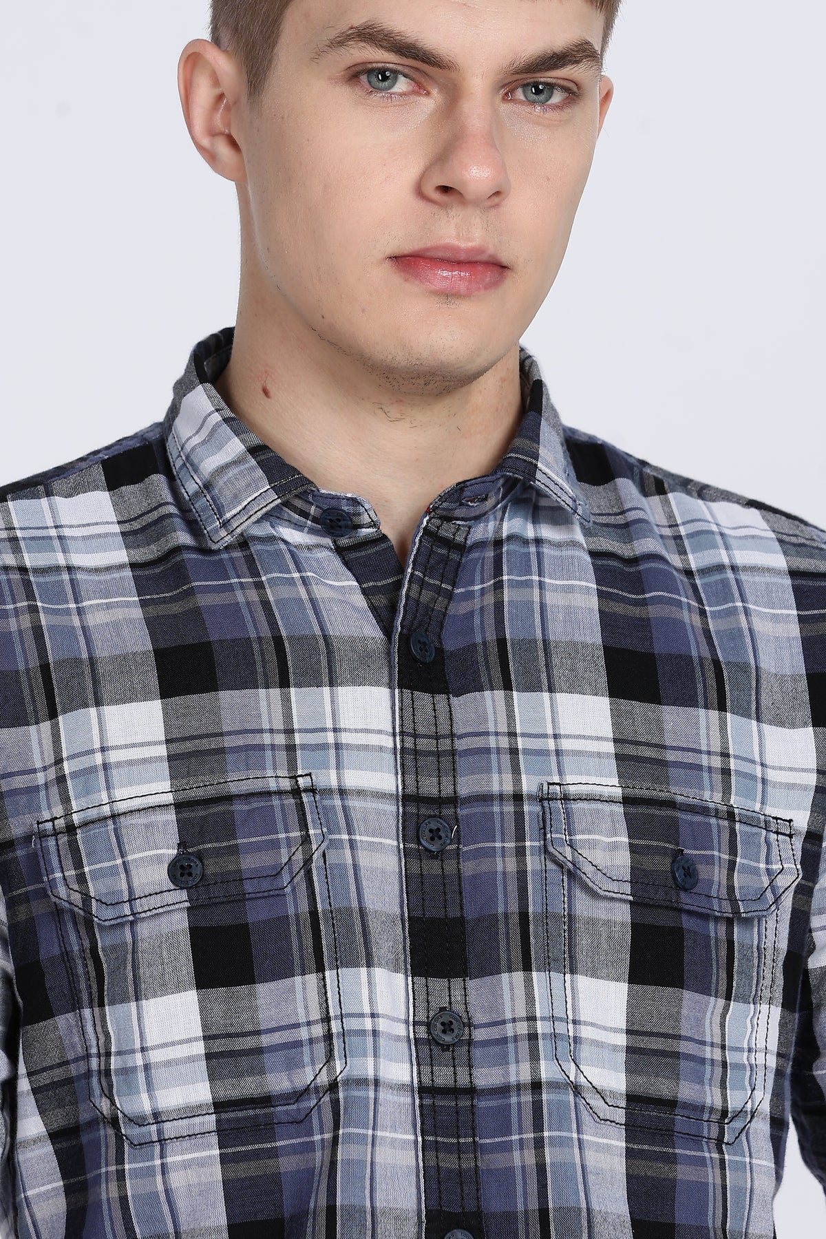 Navy Madras Checked Double Pocket Shirt